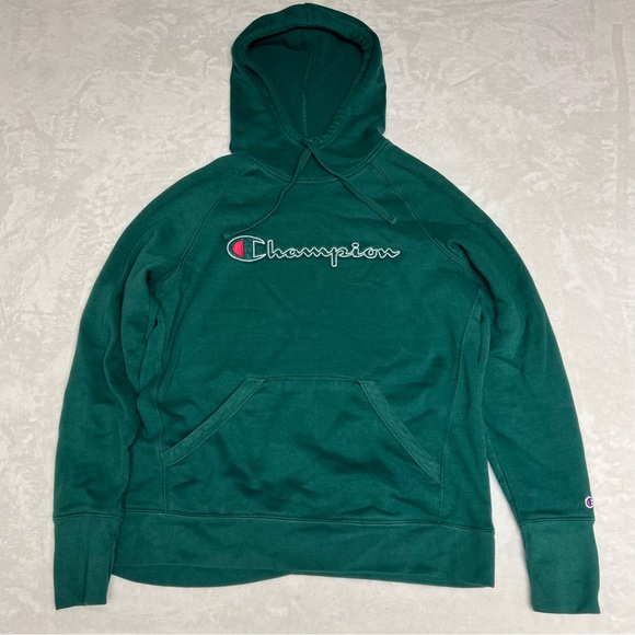 Champion Tops - Champion Spellout Hoodie Medium Green Cotton Blend